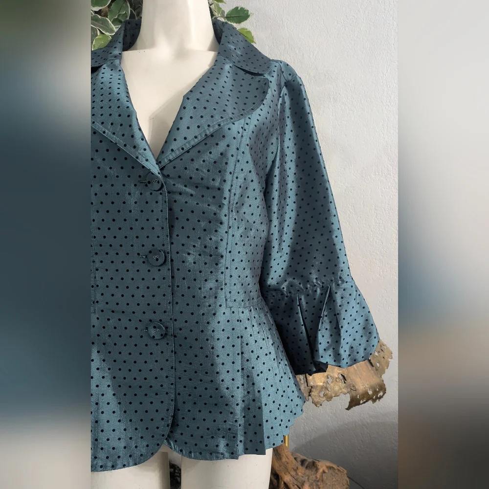 Dressbarn Collection Teal Black Polkadot Pleated Bell Sleeves Womens Blouse Top - Picture 8 of 9